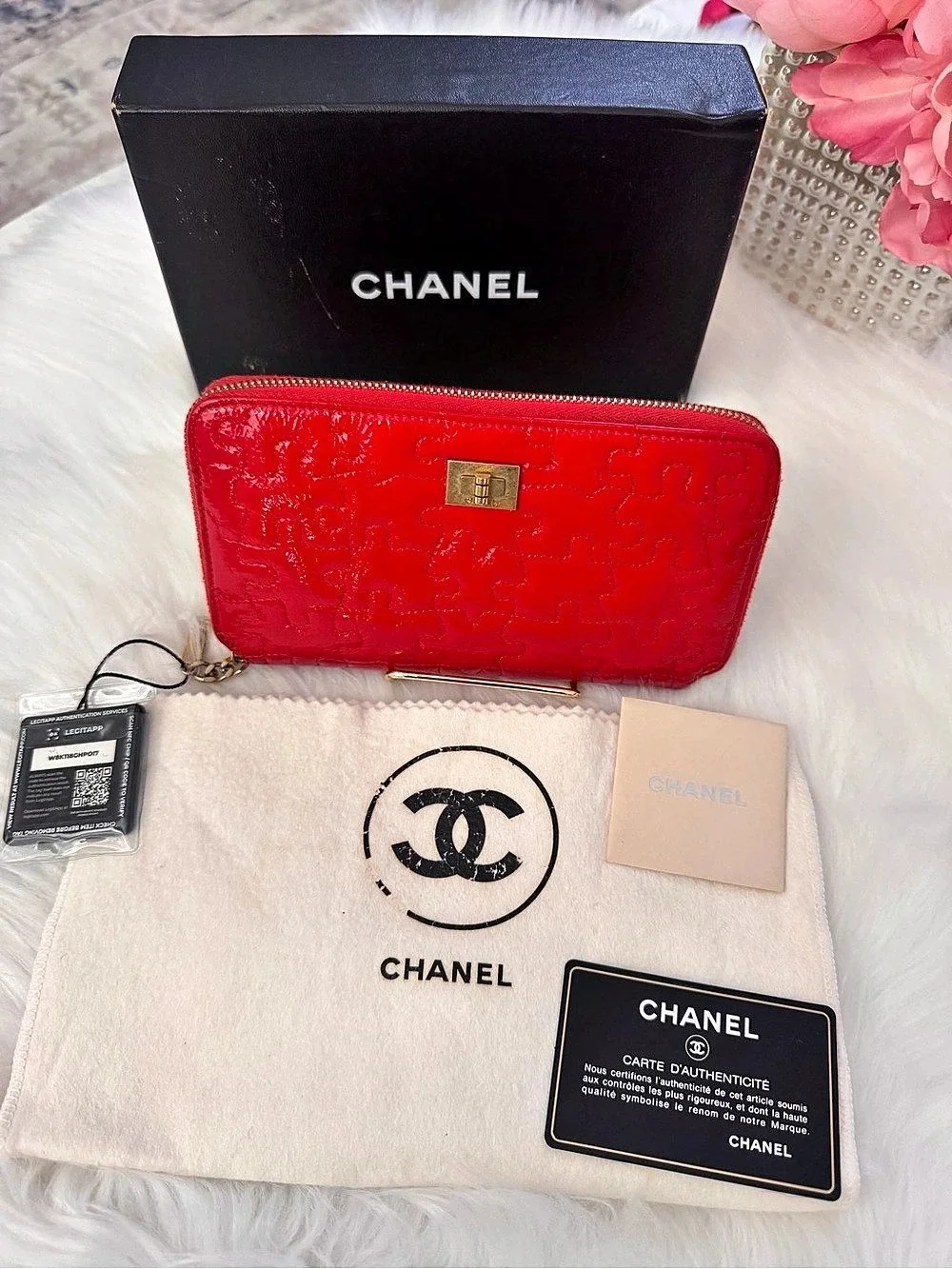 Chanel Red Puzzle Patent Leather Long Zip Around Wallet with Gold-Tone Hardware